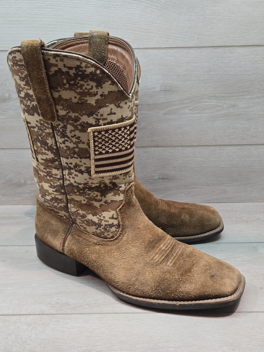 Ariat Mens Militaru Suede Cowboy Boots USA Camo Shaft Flag Patch Shoes Sz 13D